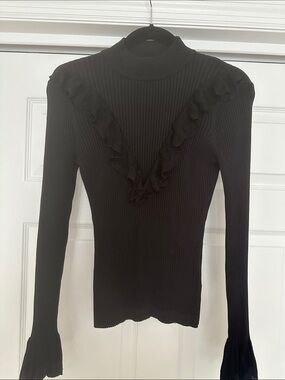 Black Ribbed Mock Neck Top with Ruffle V-Detail